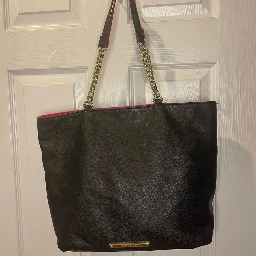 Betsey Johnson jewels large black synthetic leather tote gold tone chain straps